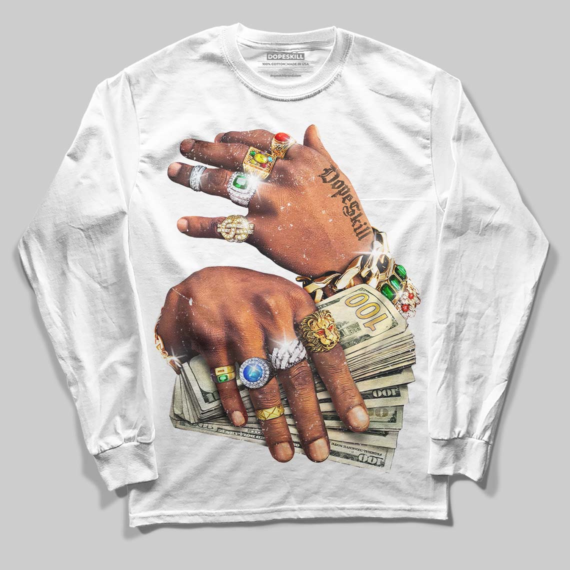 'Prosperous Hands' DopeSkill Graphic Long Sleeve T-Shirt Streetwear - White