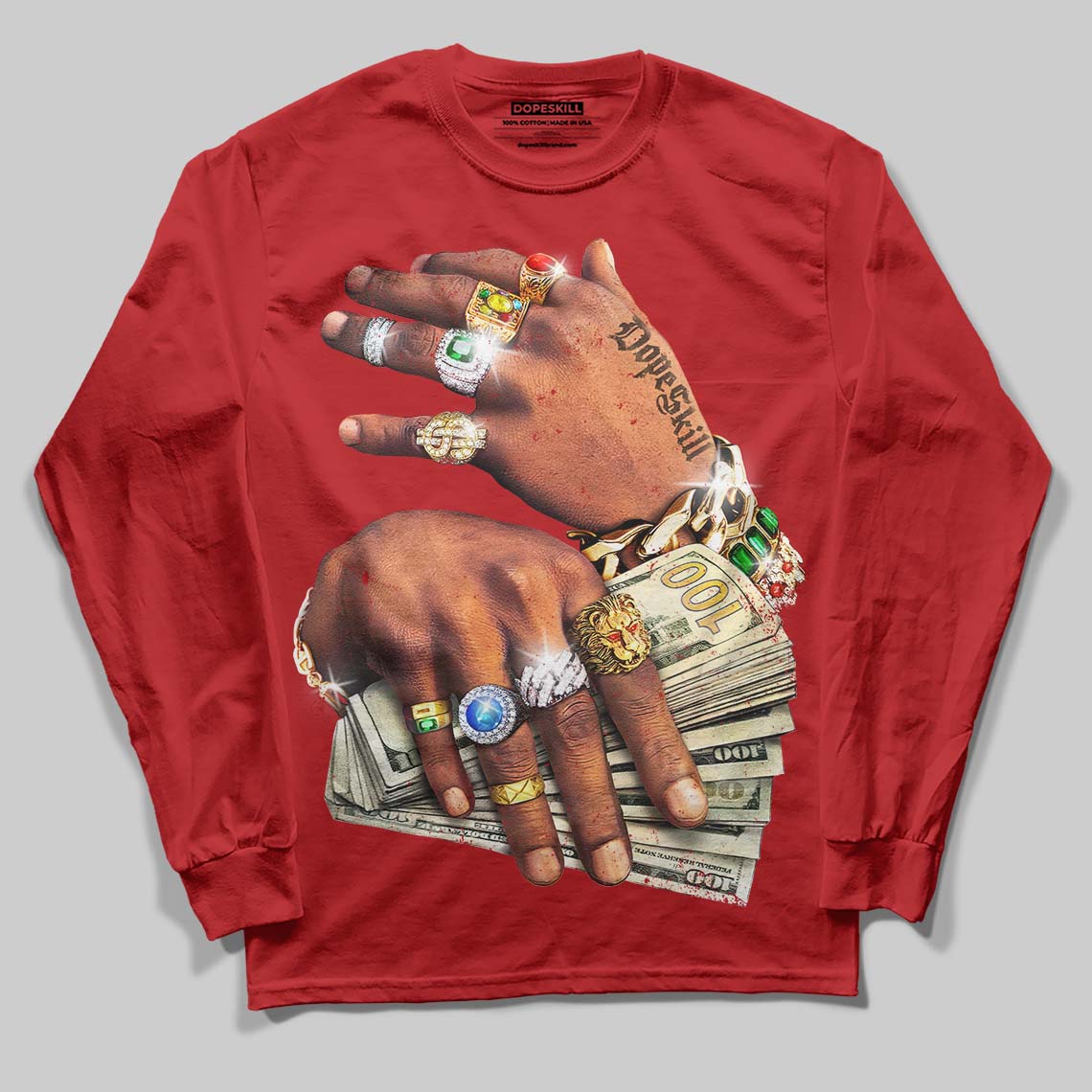 'Prosperous Hands' DopeSkill Graphic Long Sleeve T-Shirt Streetwear - Red