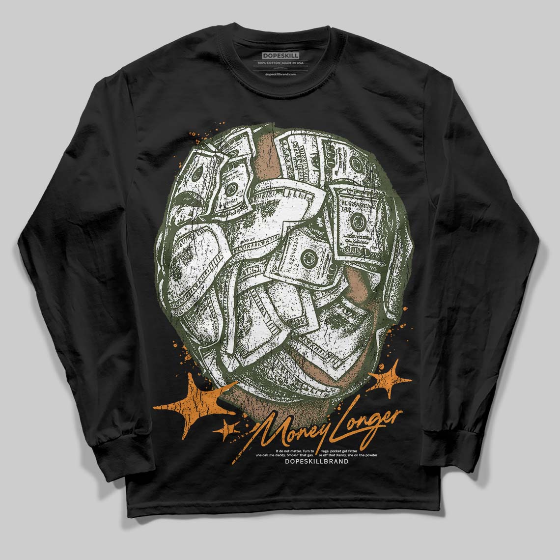 Olive Sneakers DopeSkill Long Sleeve T-Shirt Money Longer Graphic Streetwear - Black