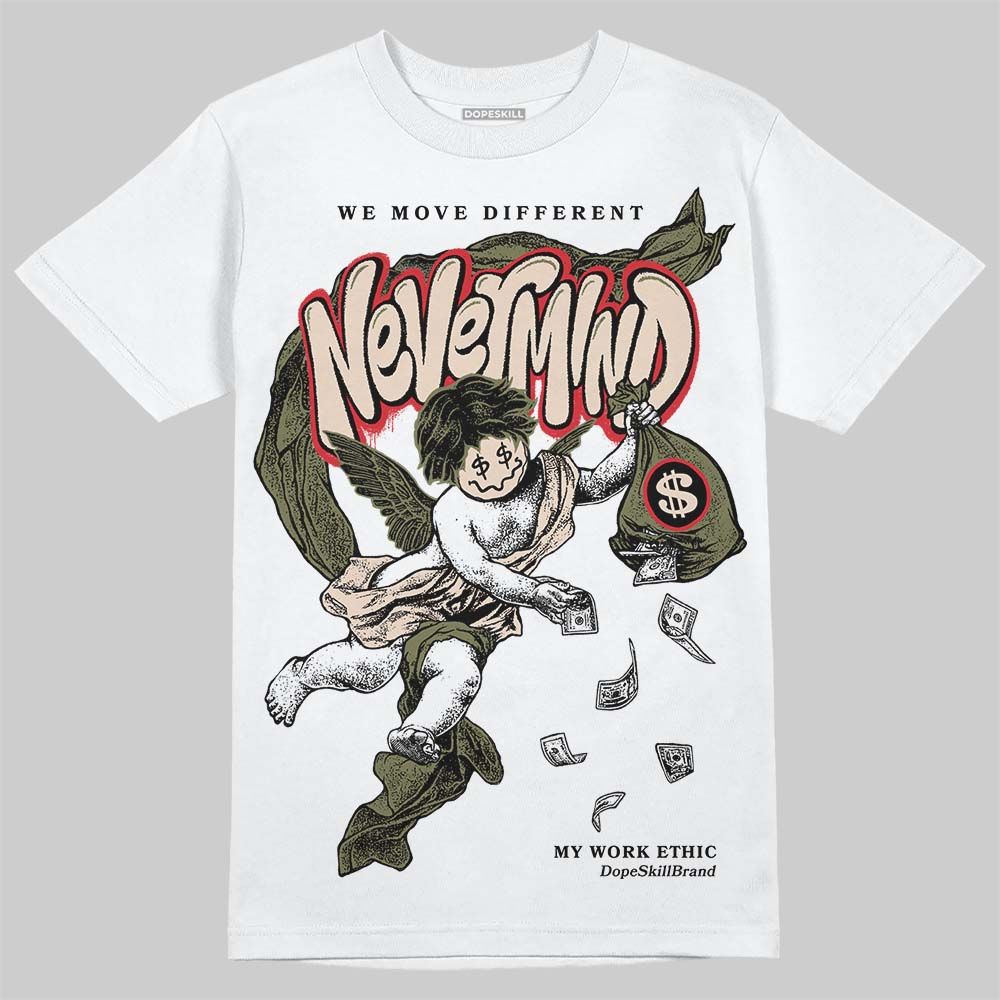 Travis Scott x Jordan 1 Medium Olive DopeSkill T-Shirt Nevermind Graphic Streetwear - White