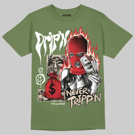 Travis Scott x Jordan 1 Medium Olive DopeSkill  Olive T-shirt Drip'n Never Tripp'n Graphic Streetwear