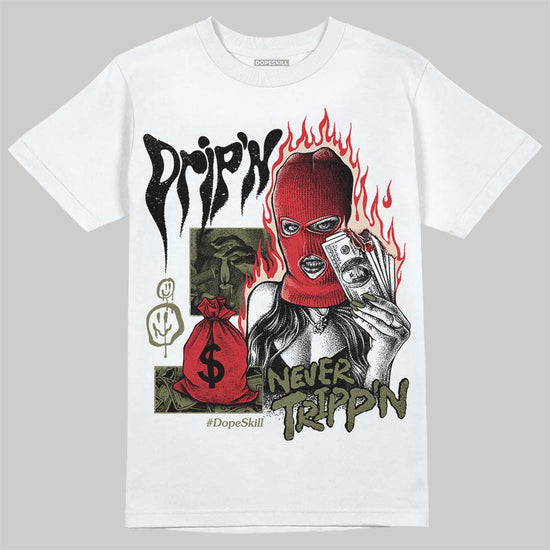 Travis Scott x Jordan 1 Medium Olive DopeSkill T-Shirt Drip'n Never Tripp'n Graphic Streetwear - White