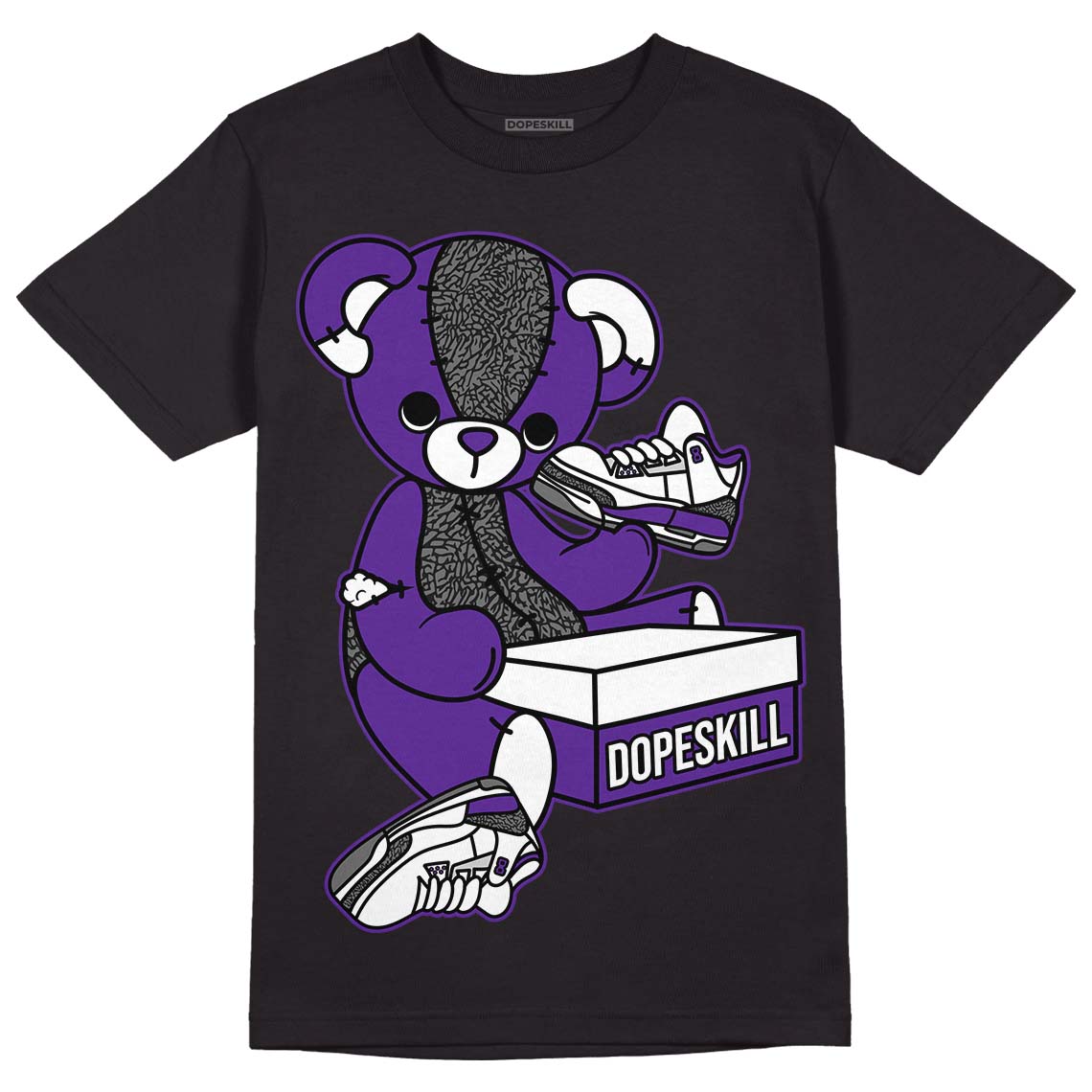 Dark Iris 3s DopeSkill T-Shirt Sneakerhead BEAR Graphic - Black 