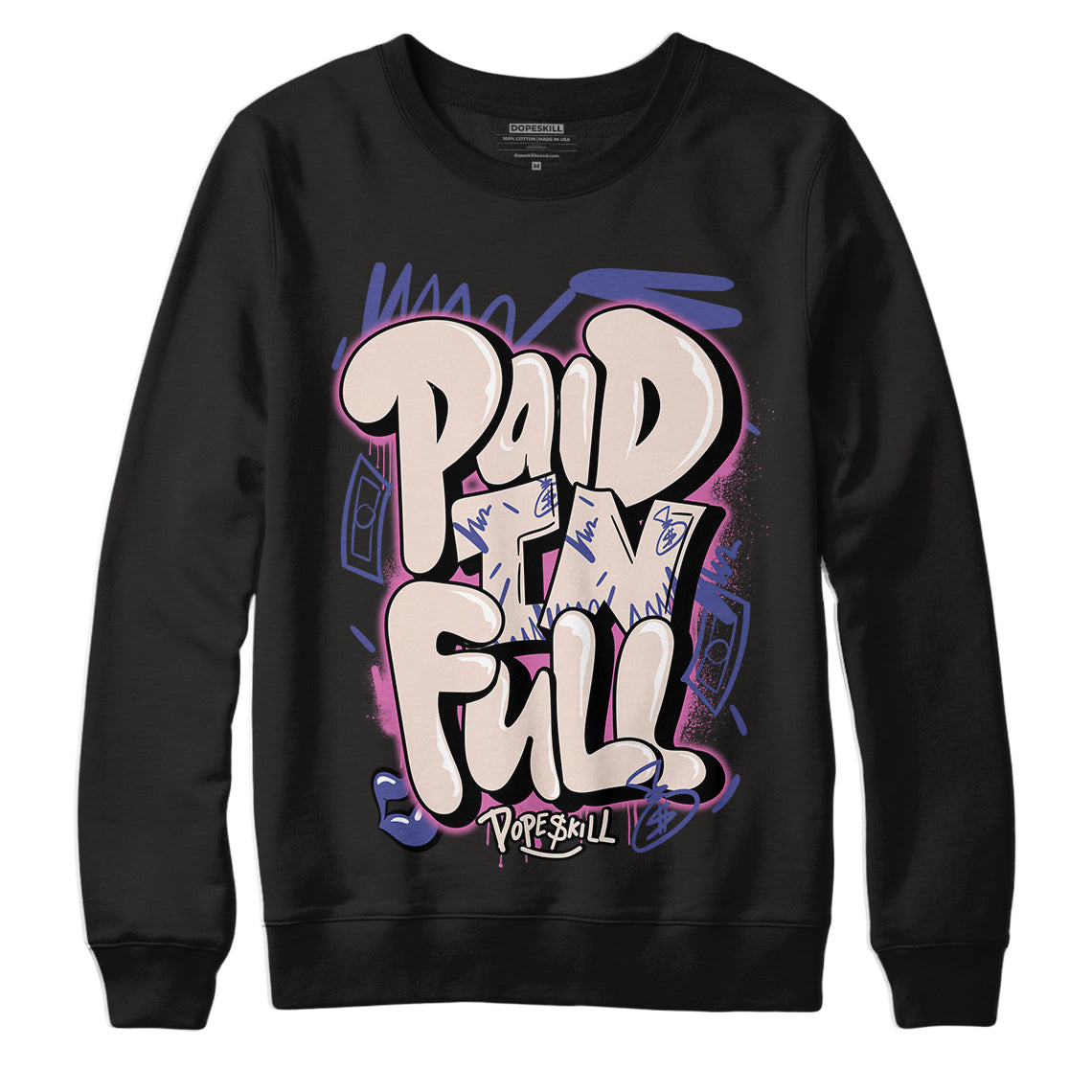 Jordan 7 SE Sapphire DopeSkill Sweatshirt New Paid In Full Graphic - Black 