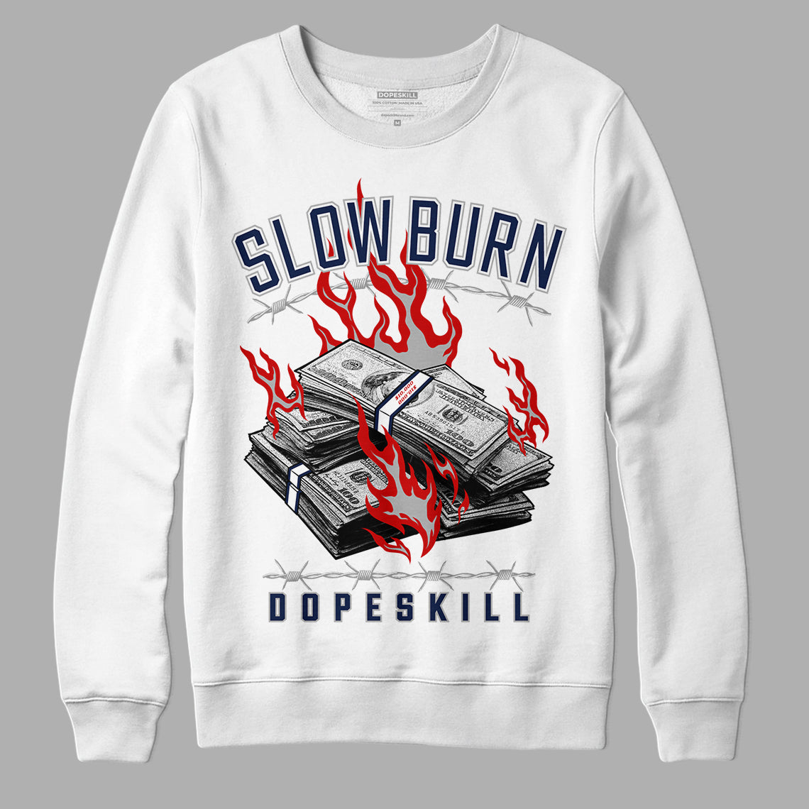 Midnight Navy 4s DopeSkill Sweatshirt Slow Burn Graphic - White