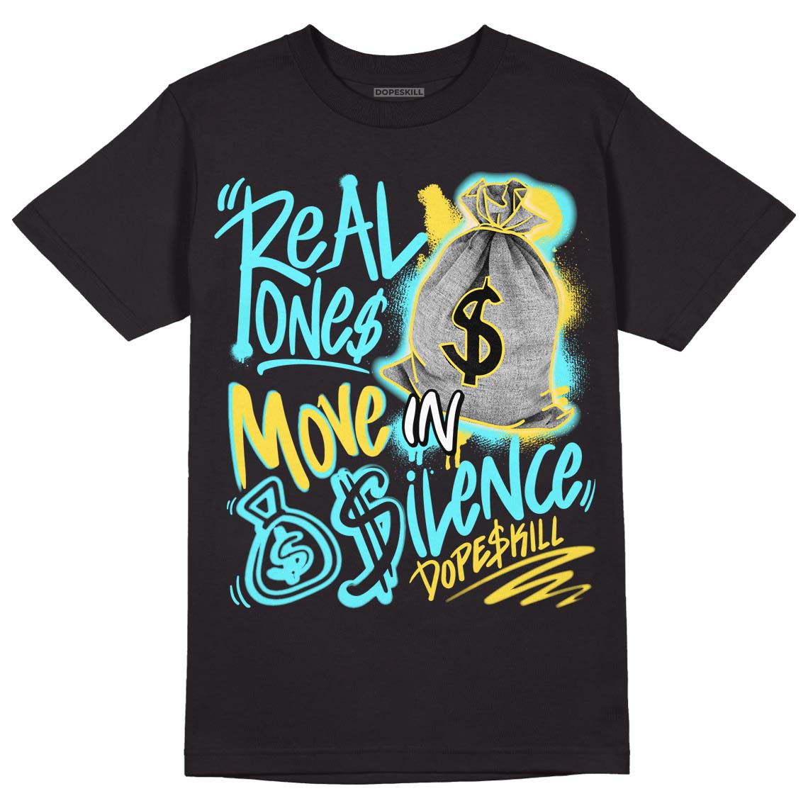 Aqua 5s DopeSkill T-Shirt Real One Move In Silence Graphic - Black 