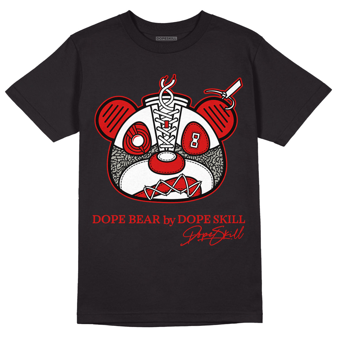 Fire Red 3s DopeSkill T-Shirt Sneaker Bear Head Graphic - Black