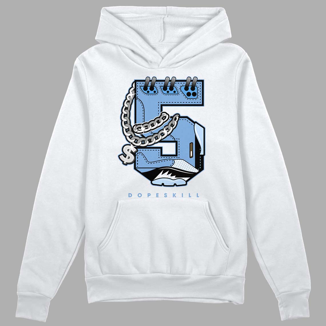 Jordan 5 Retro University Blue DopeSkill Hoodie Sweatshirt No.5 Graphic Streetwear - White