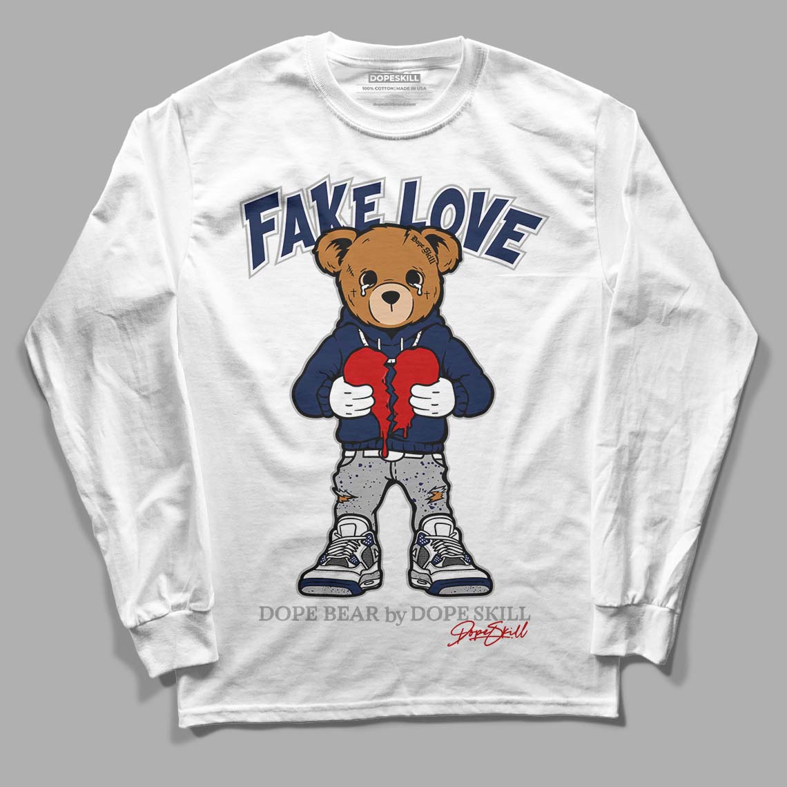 Midnight Navy 4s DopeSkill Long Sleeve T-Shirt Fake Love Graphic - White