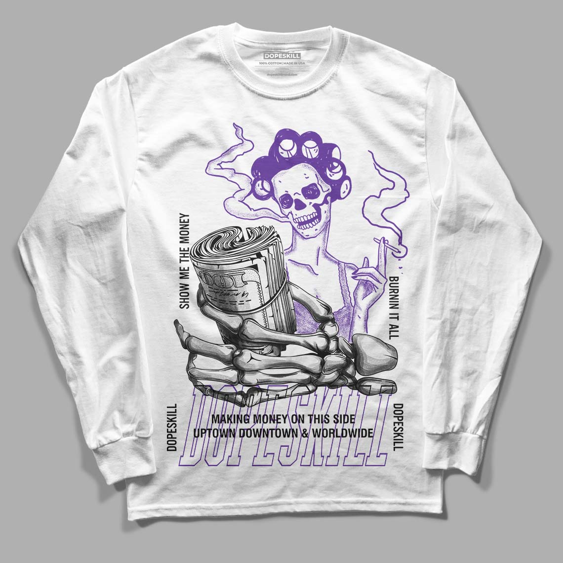 PURPLE Collection DopeSkill Long Sleeve T-Shirt Show Me The Money Graphic - White 