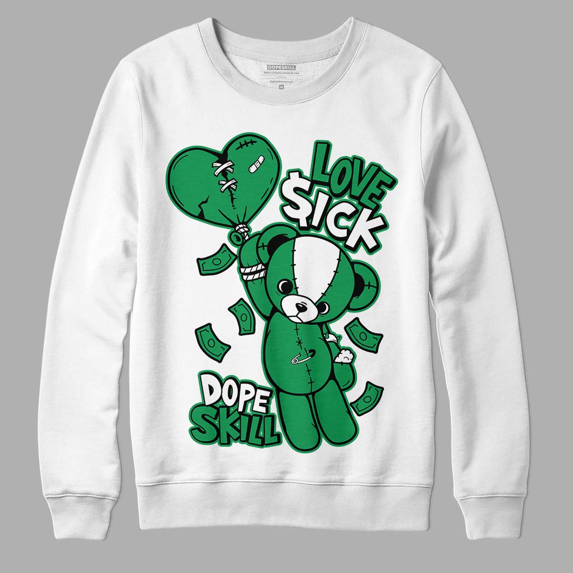 Jordan 1 Low Lucky Green DopeSkill Sweatshirt Love Sick Graphic Streetwear - White