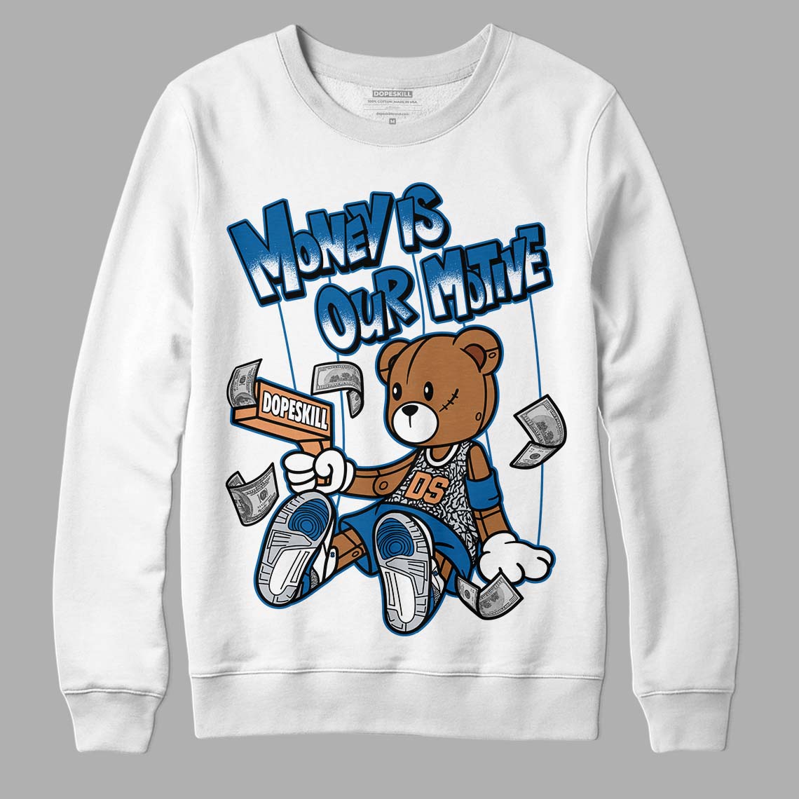 Jordan 3 Retro Wizards DopeSkill Sweatshirt Money Is Our Motive Bear Graphic Streetwear - White