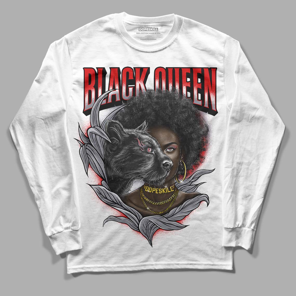 Fire Red 9s DopeSkill Long Sleeve T-Shirt New Black Queen Graphic - White 