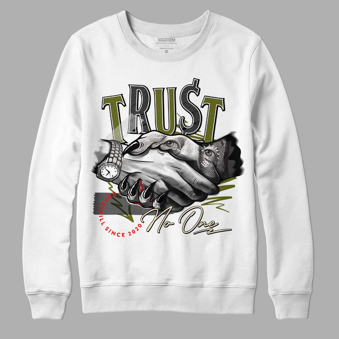 Travis Scott x Jordan 1 Low OG “Olive” DopeSkill Sweatshirt Trust No One Graphic Streetwear - White