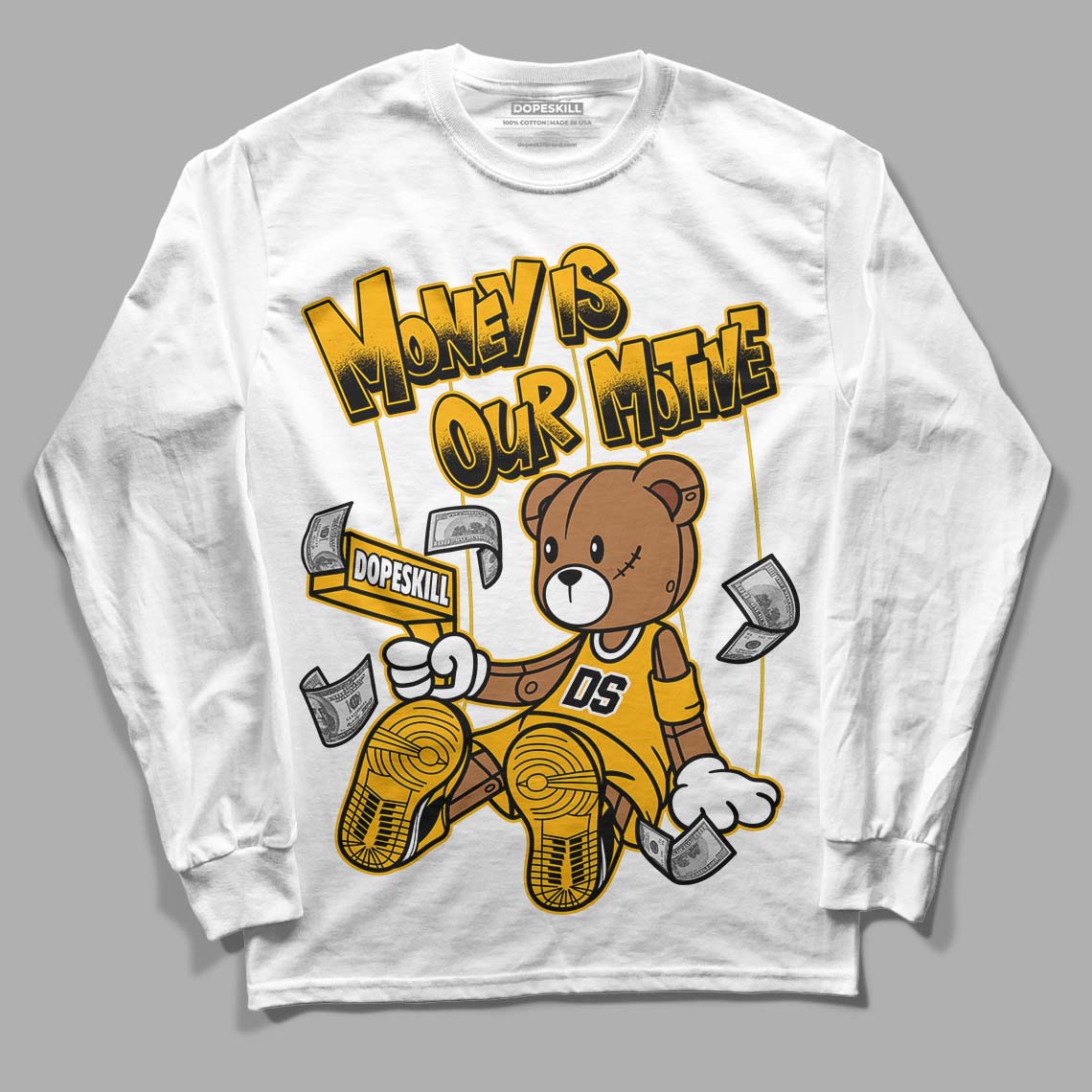 Goldenrod Dunk DopeSkill Long Sleeve T-Shirt Money Is Our Motive Bear Graphic - White 