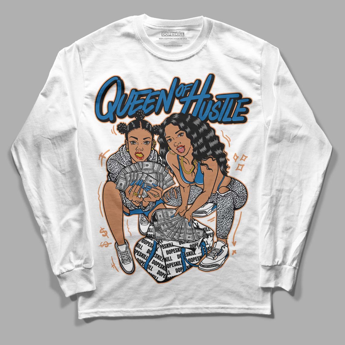 Jordan 3 Retro Wizards DopeSkill Long Sleeve T-Shirt Queen Of Hustle Graphic Streetwear - WHite