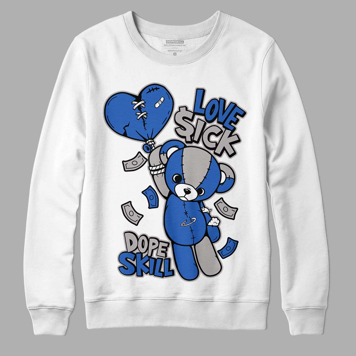 True Blue 1s DopeSkill Sweatshirt Love Sick Graphic - White