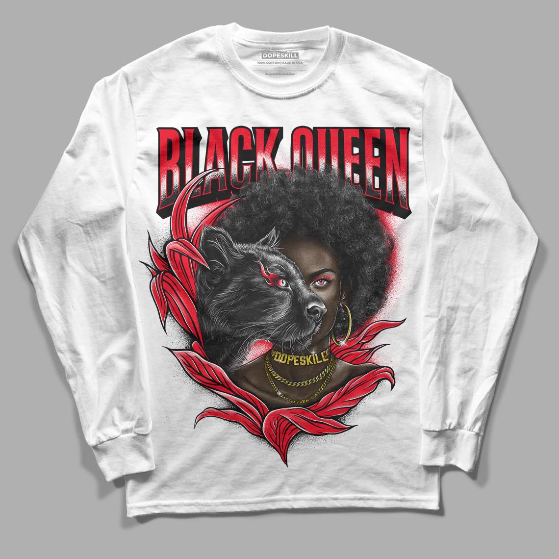 Red Thunder 4s DopeSkill Long Sleeve T-Shirt New Black Queen Graphic - White 