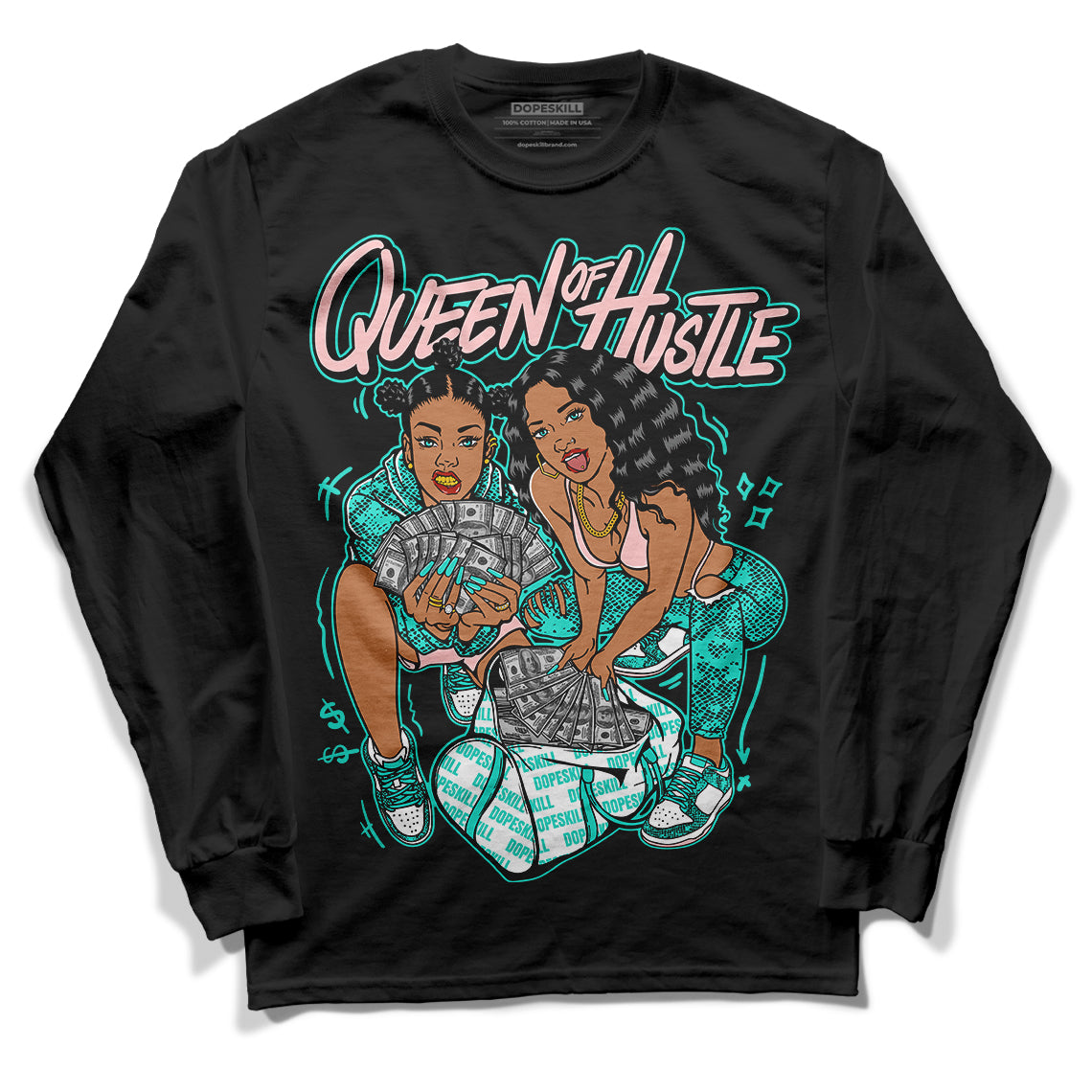 Green Snakeskin Dunk Low DopeSkill Long Sleeve T-Shirt Queen Of Hustle Graphic - Black