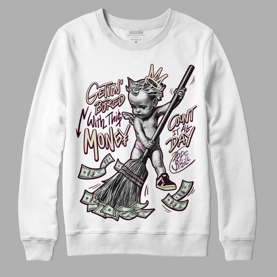 Dunk Low Night Maroon and Medium Soft Pink DopeSkill Sweatshirt Gettin Bored With This Money Graphic Streetwear - White 