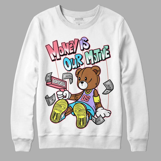 Candy Easter Dunk Low DopeSkill Sweatshirt Money Is Our Motive Bear Graphic - White 