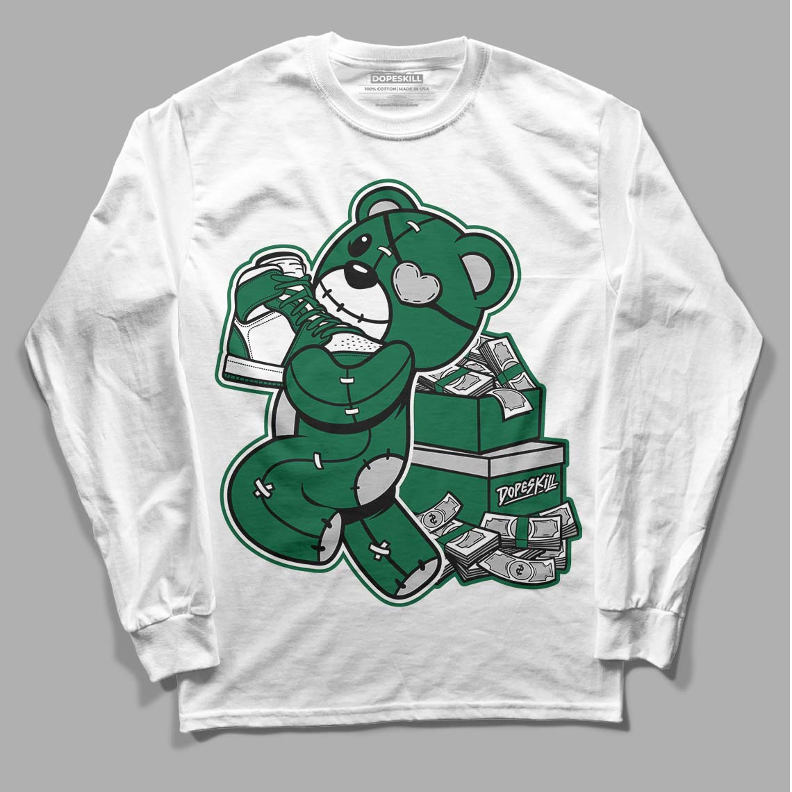 Gorge Green 1s DopeSkill Long Sleeve T-Shirt Bear Steals Sneaker Graphic - White 