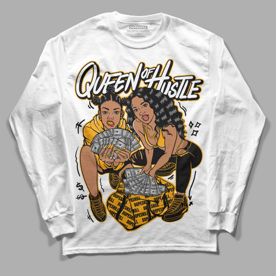 Black Taxi 12s DopeSkill Long Sleeve T-Shirt Queen Of Hustle Graphic - White 