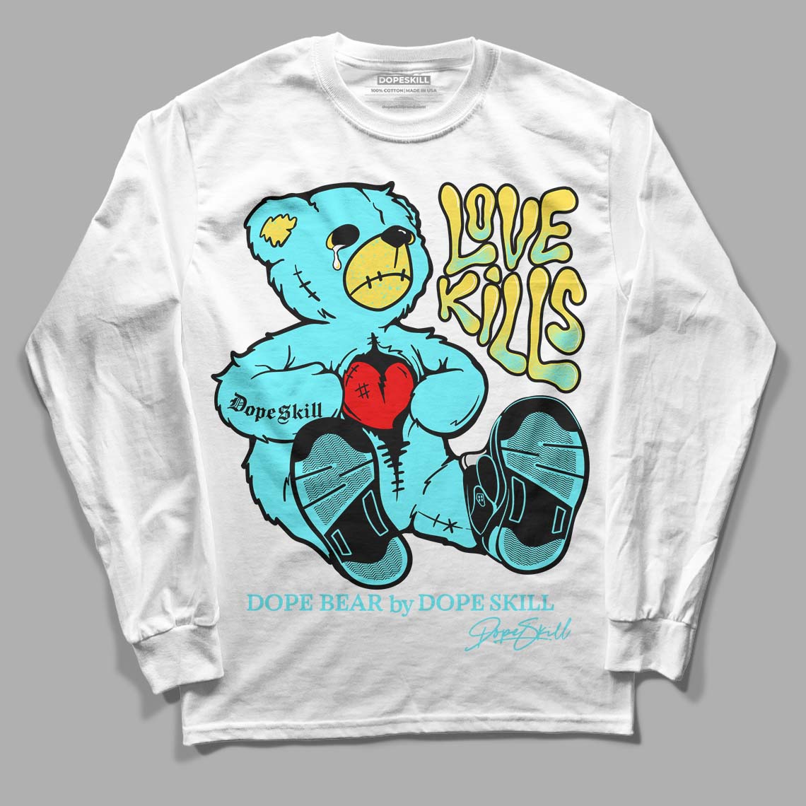 Aqua 5s DopeSkill Long Sleeve T-Shirt Love Kills Graphic - White