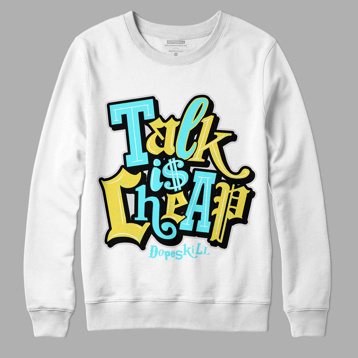 Aqua 5s DopeSkill Sweatshirt Talk Is Chip Graphic - White 