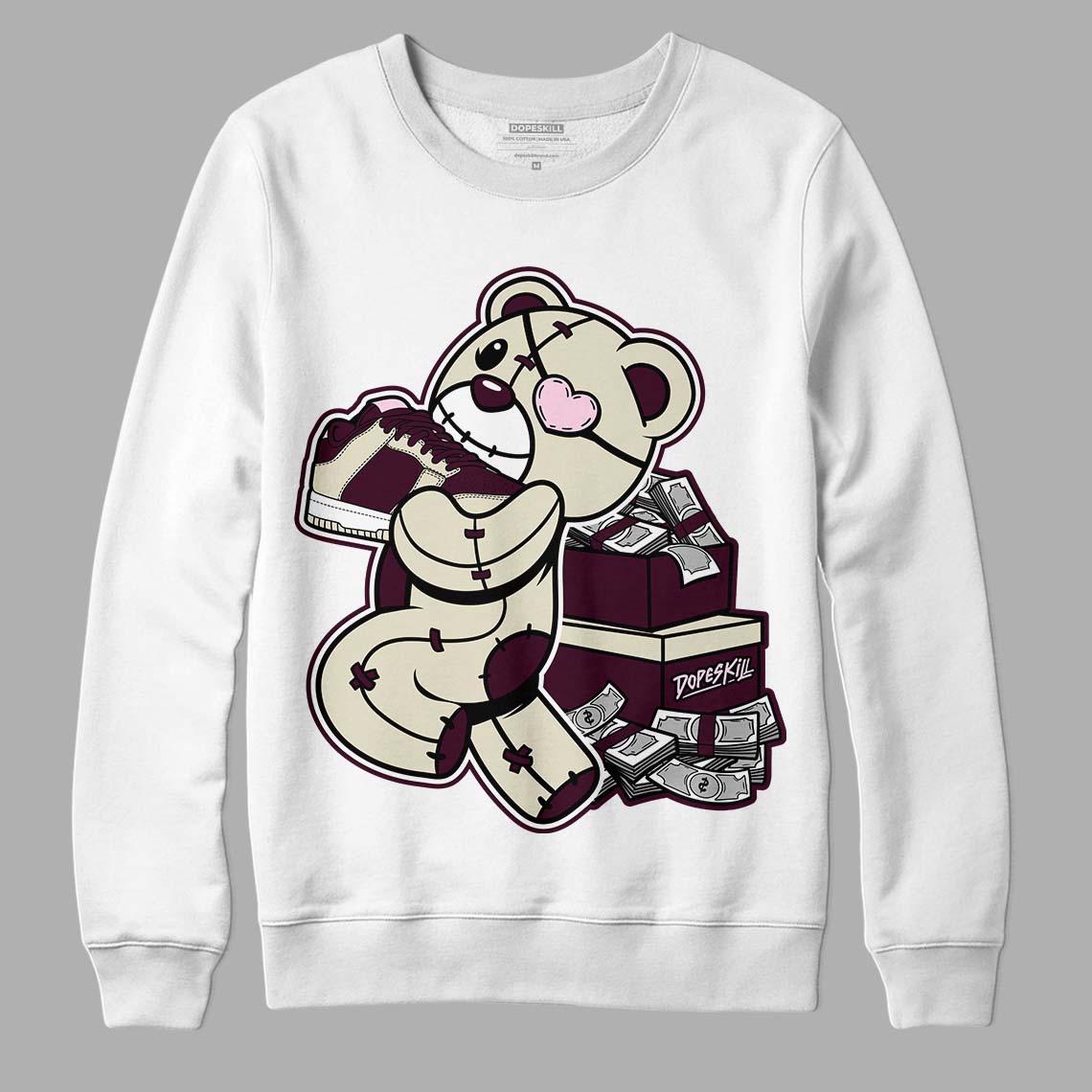 Dunk Low Night Maroon and Medium Soft Pink DopeSkill Sweatshirt Bear Steals Sneaker Graphic Streetwear - White 