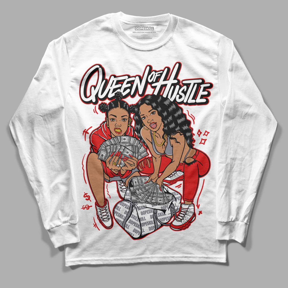 Gym Red 9s DopeSkill Long Sleeve T-Shirt Queen Of Hustle Graphic - White 