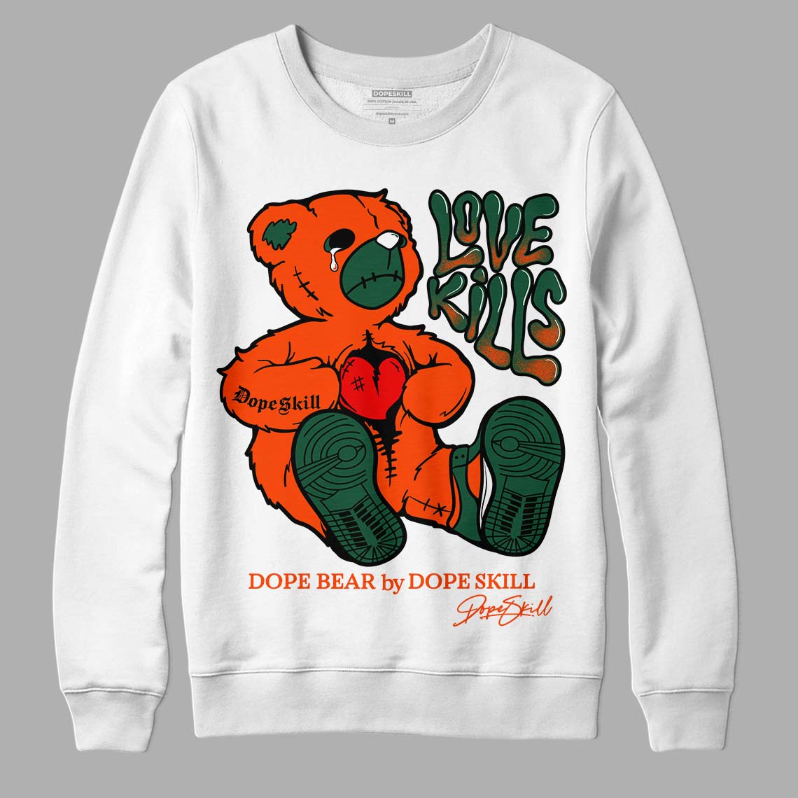 Dunk Low Team Dark Green Orange DopeSkill Sweatshirt Love Kills Graphic - White