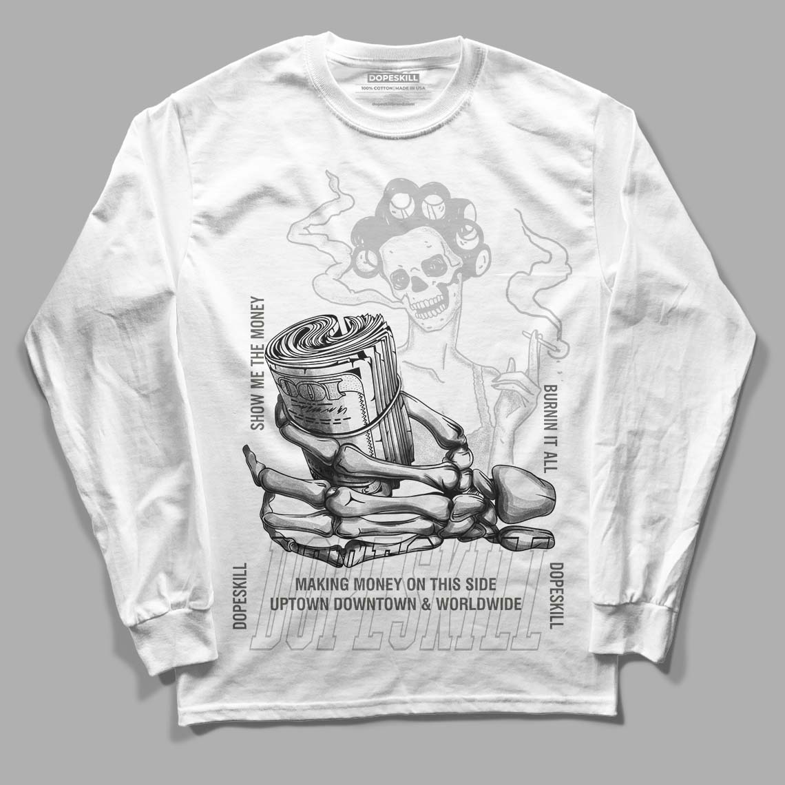 Jordan 4 Retro SE Craft Photon Dust DopeSkill Long Sleeve T-Shirt Show Me The Money Graphic Streetwear  - White 