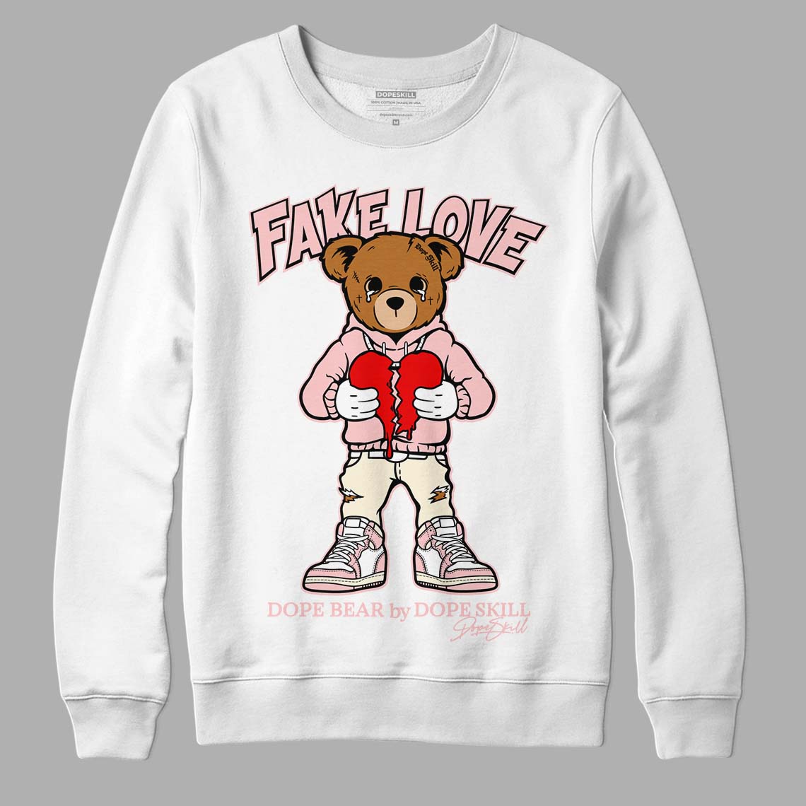 Jordan 1 High OG WMNS Washed Pink DopeSkill Sweatshirt Fake Love Graphic Streetwear - White 