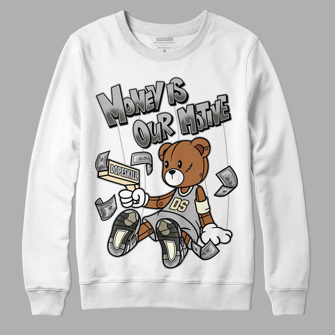 Jordan 4 Retro SE Craft Photon Dust DopeSkill Sweatshirt Money Is Our Motive Bear Graphic Streetwear  - White 