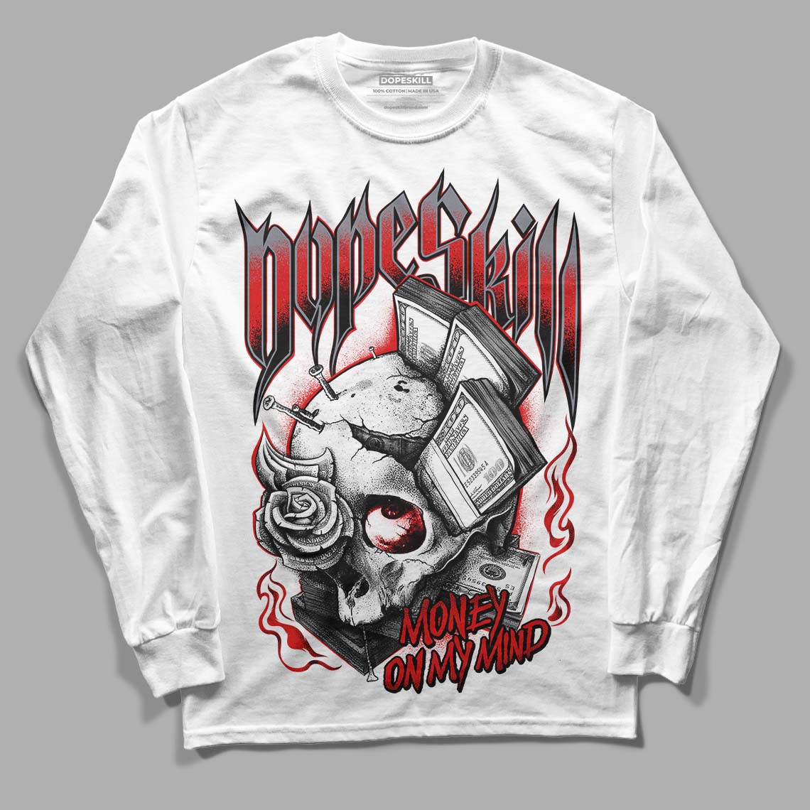 Gym Red 9s DopeSkill Long Sleeve T-Shirt Money On My Mind Graphic - White 