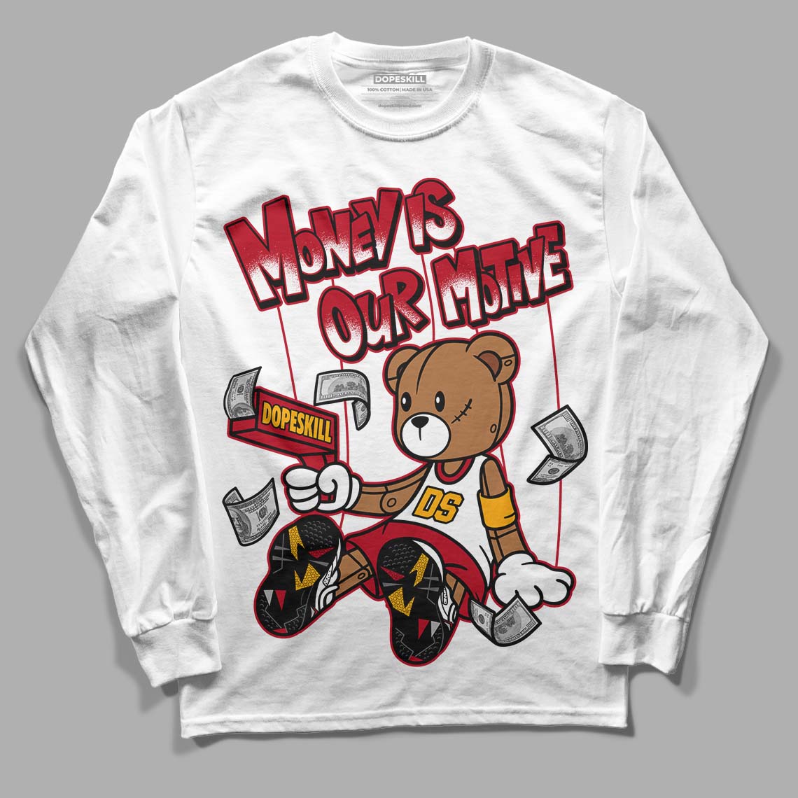 Cardinal 7s DopeSkill Long Sleeve T-Shirt Money Is Our Motive Bear Graphic - White 