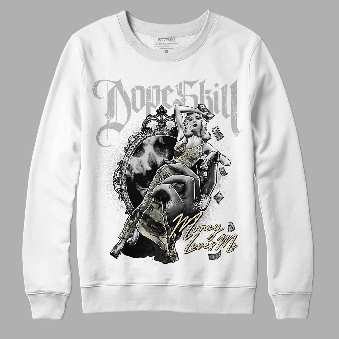 Jordan 4 Retro SE Craft Photon Dust DopeSkill Sweatshirt Money Loves Me Graphic Streetwear  - White 