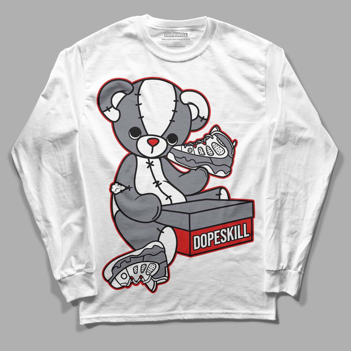 Fire Red 9s DopeSkill Long Sleeve T-Shirt Sneakerhead BEAR Graphic - White 