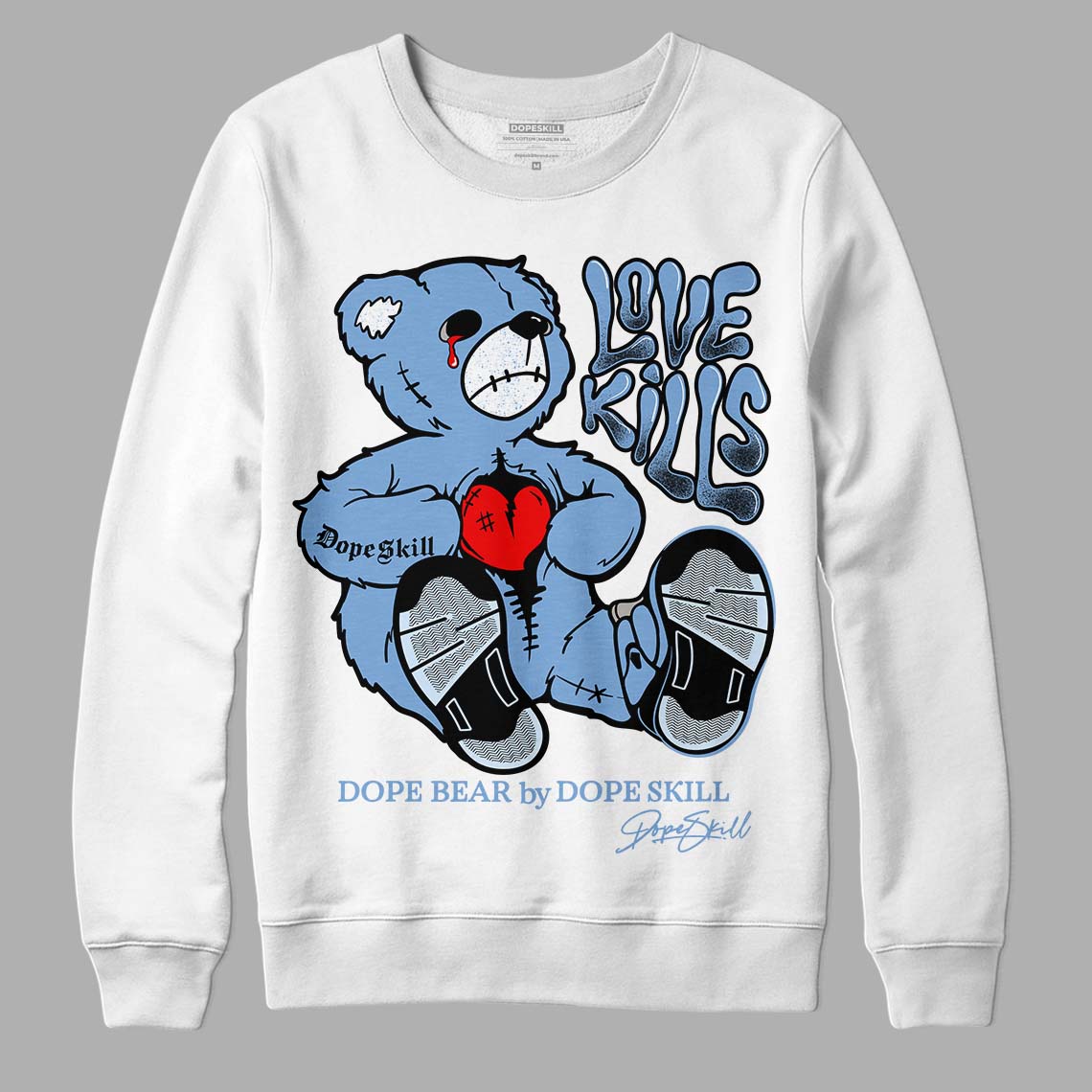 Jordan 5 Retro University Blue DopeSkill Sweatshirt Love Kills Graphic Streetwear - White 