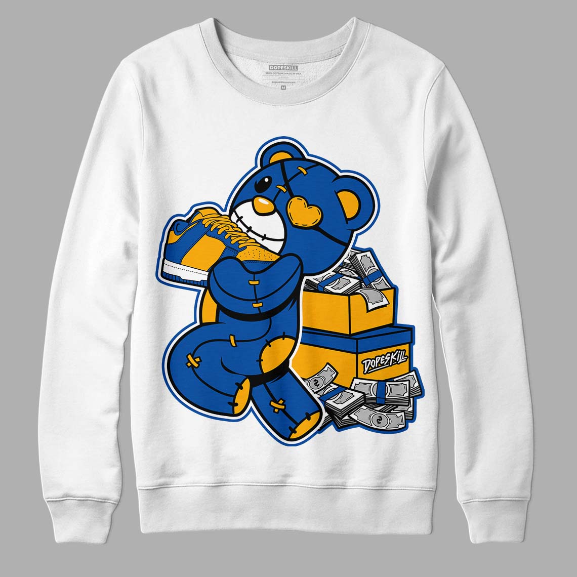 Dunk Blue Jay and University Gold DopeSkill Sweatshirt Bear Steals Sneaker Graphic Streetwear - White