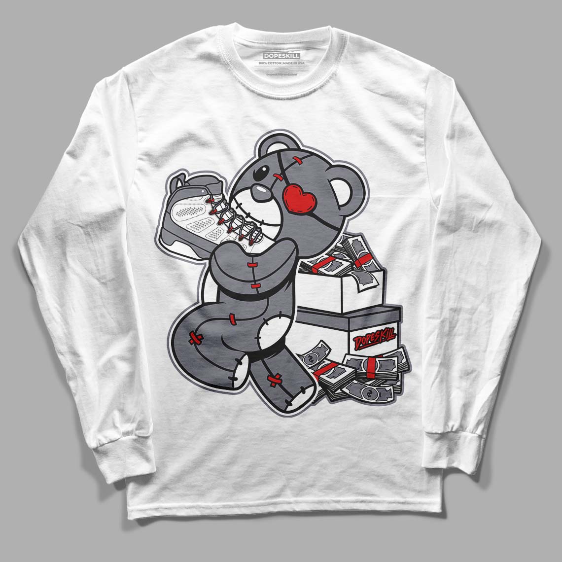 Fire Red 9s DopeSkill Long Sleeve T-Shirt Bear Steals Sneaker Graphic - White 