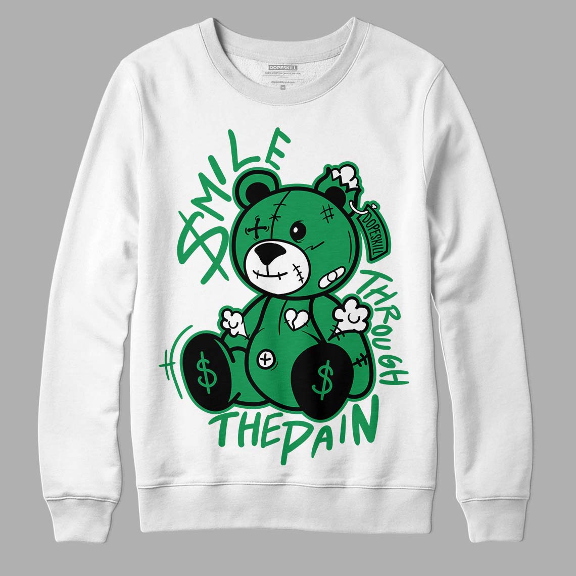 Jordan 1 Low Lucky Green DopeSkill Sweatshirt BEAN Graphic Streetwear - White