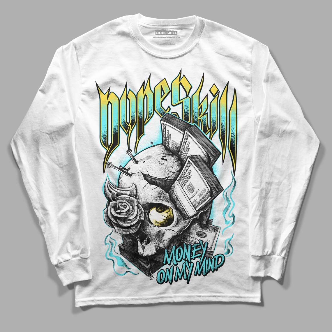 Aqua 5s DopeSkill Long Sleeve T-Shirt Money On My Mind Graphic - White