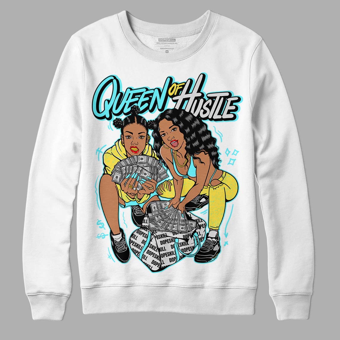 Aqua 5s DopeSkill Sweatshirt Queen Of Hustle Graphic - White