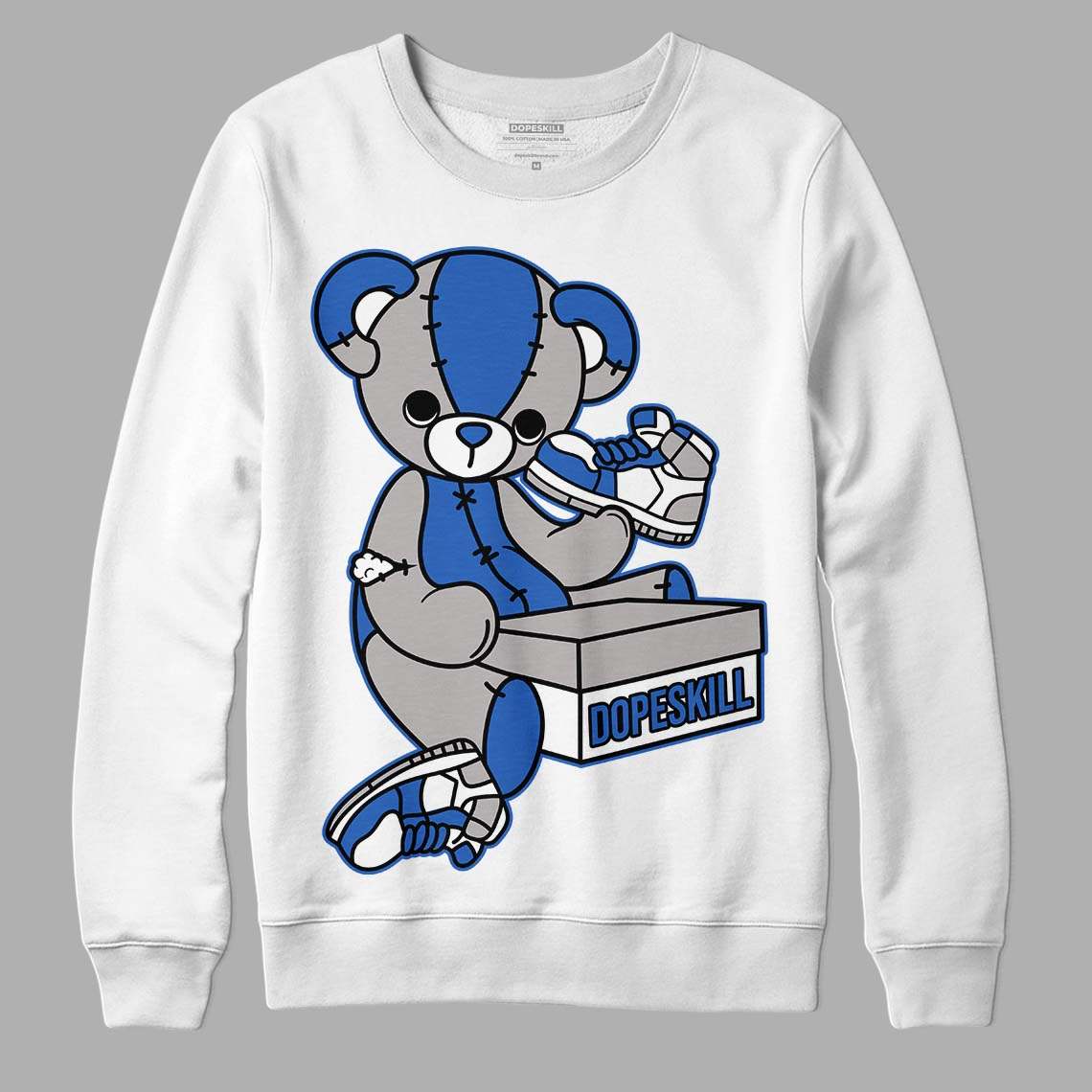 True Blue 1s DopeSkill Sweatshirt Sneakerhead BEAR Graphic - White