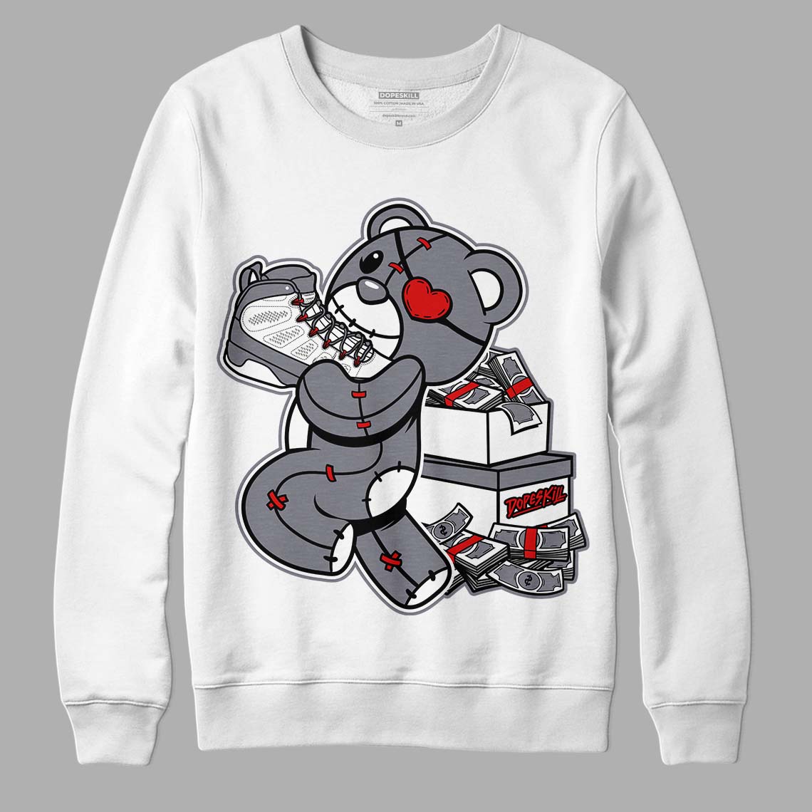 Fire Red 9s DopeSkill Sweatshirt Bear Steals Sneaker Graphic - White 