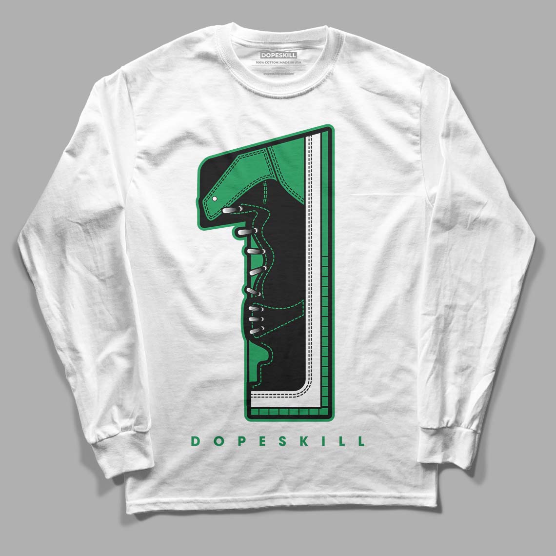 Jordan 1 Low Lucky Green DopeSkill Long Sleeve T-Shirt No.1 Graphic Streetwear - White