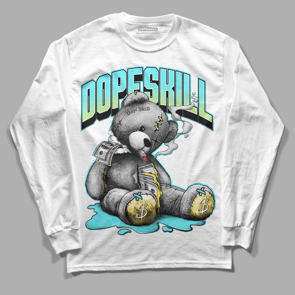 Aqua 5s DopeSkill Long Sleeve T-Shirt Sick Bear Graphic - White