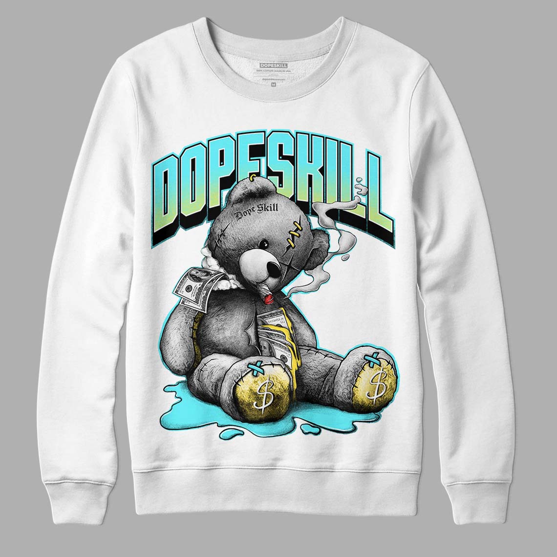 Aqua 5s DopeSkill Sweatshirt Sick Bear Graphic - White